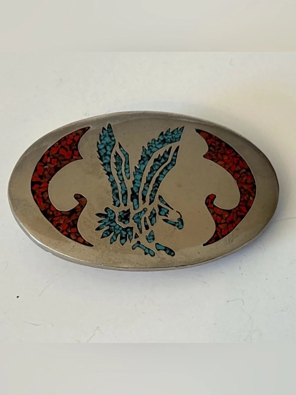Vintage Oval Silver-Tone Belt Buckle with Turquoise & Red Coral Inlay
